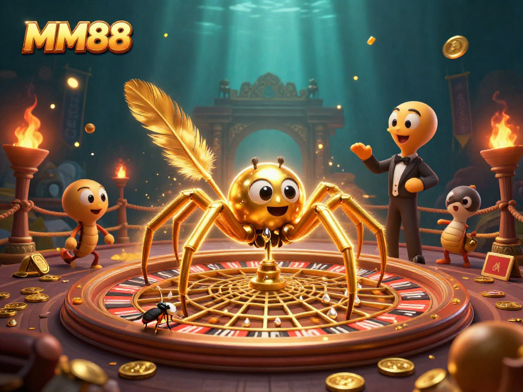 Spin to win with MM88 featuring a golden spider and centipede croupier in vibrant casino action.