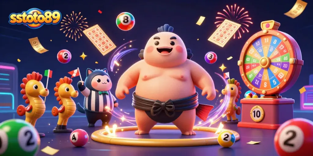 sstoto89 menampilkan ilustrasi 3D kasino dengan ikan fugu dan elemen lotere yang dinamis.