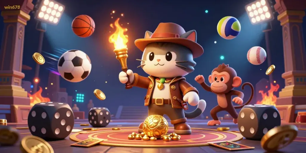 Experience the thrill of win678 as an explorer cat discovers a golden casino artifact amidst dynamic sports elements.