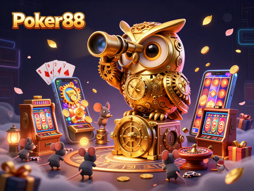 Engage with Poker88 as a golden owl oversees a vibrant casino scene filled with excitement and dynamic gaming elements.