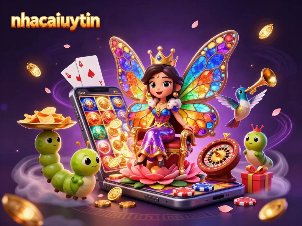 Play exciting games at nhacaiuytin with a vibrant butterfly queen and dazzling casino elements.