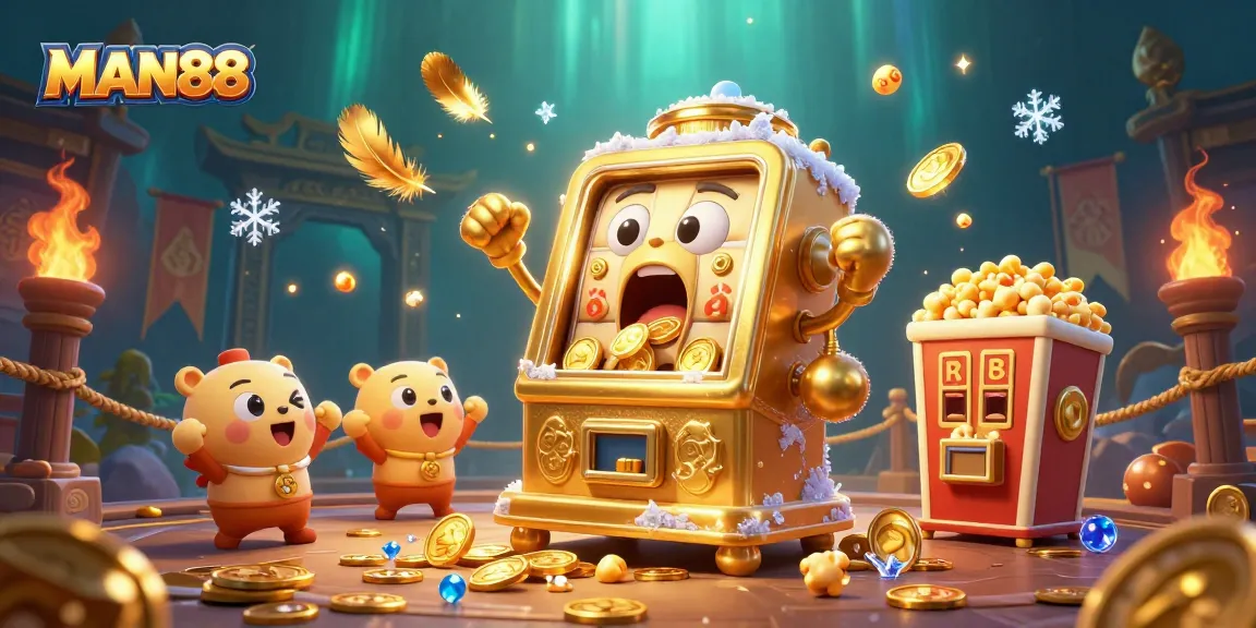 Experience the thrill at MAN88 as the golden slot machine hits the jackpot, surrounded by cheering baby slots and sparkling coins.