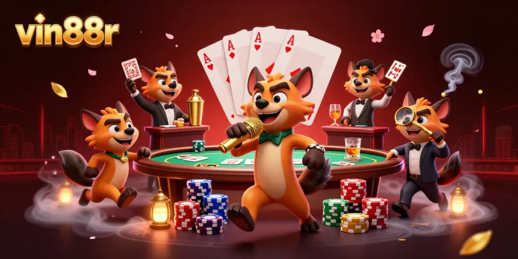 Experience vin88r at an exciting casino scene with hyena characters entertaining and mixing drinks.
