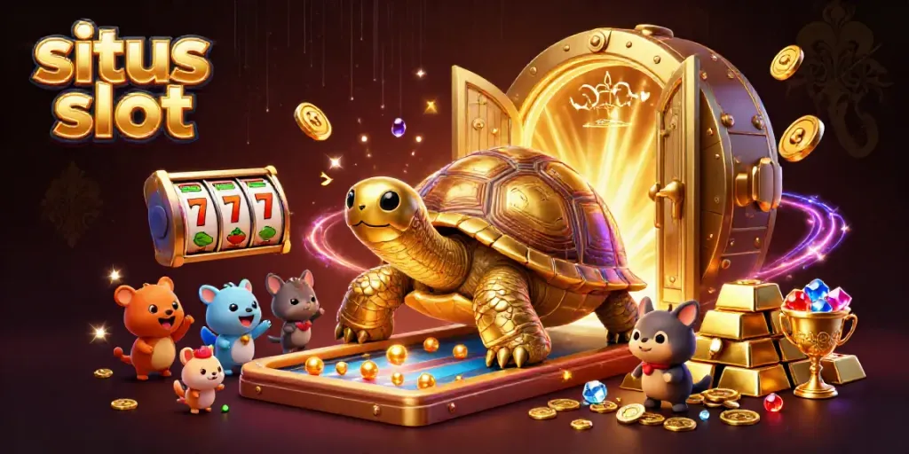 Winning at situs slot with a golden tortoise pinball machine and celebratory gems.